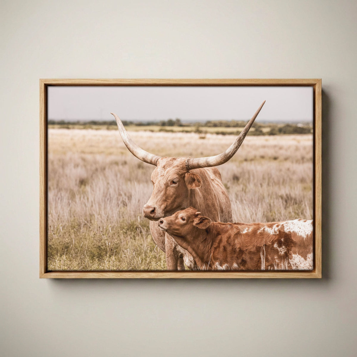 Texas Longhorn Nursery Decor – Rustic Farmhouse Nursery Canvas-Natural Oak Float Frame / 12 x 18 Inches