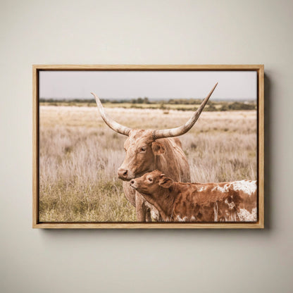 Texas Longhorn Nursery Decor – Rustic Farmhouse Nursery Canvas-Natural Oak Float Frame / 12 x 18 Inches