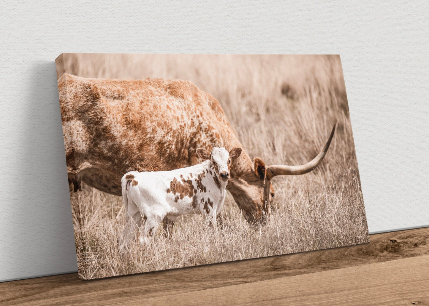 Texas Longhorn Nursery Wall Art - Longhorn Cow and Calf Canvas-Unframed / 12 x 18 Inches Wall Art Teri James Photography