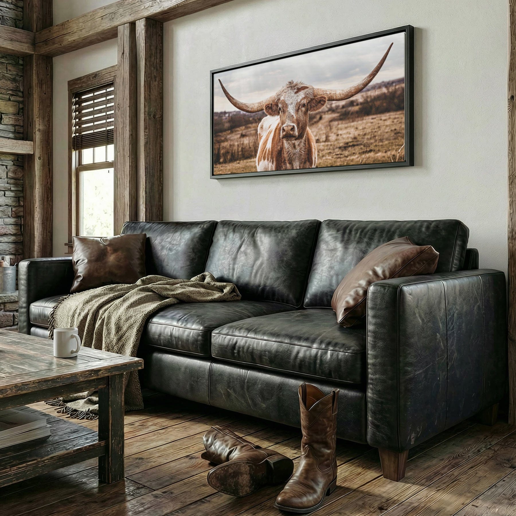 Texas Longhorn Panoramic Artwork - Large Canvas Print Wall Art Teri James Photography