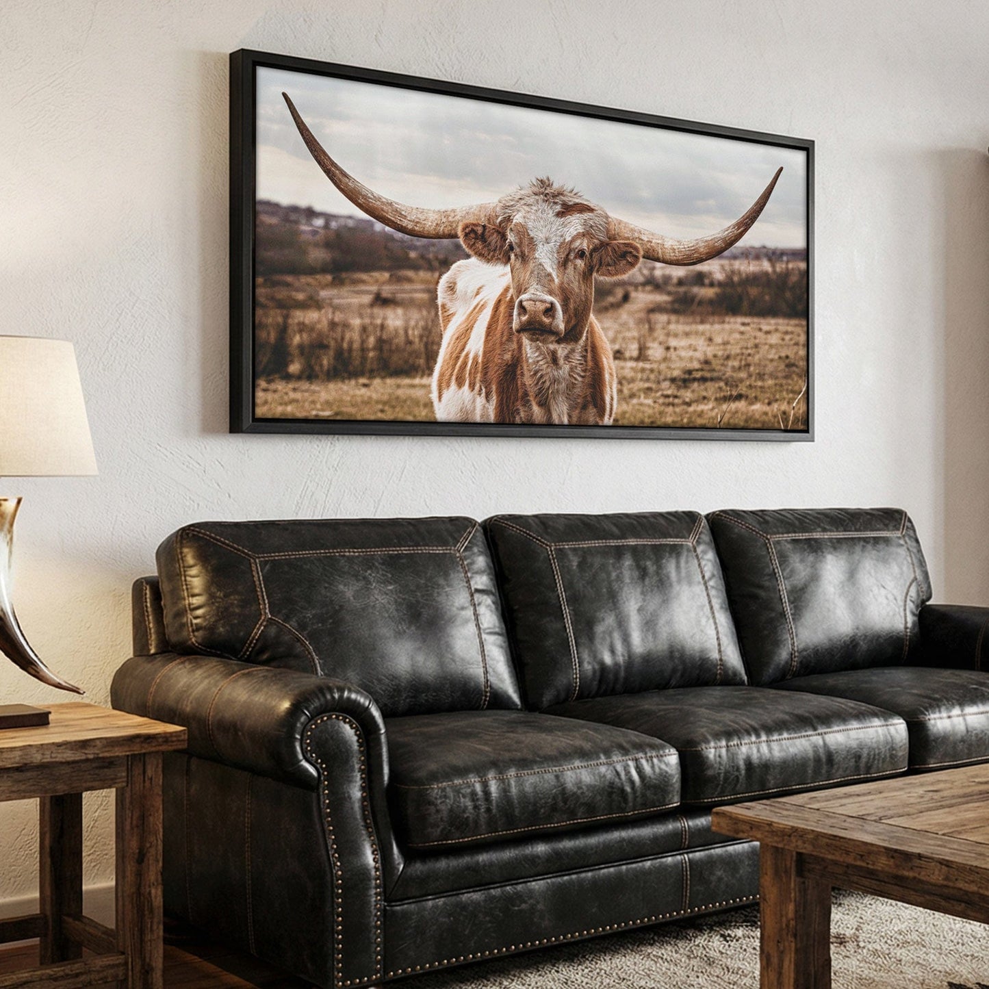 Texas Longhorn Panoramic Artwork - Large Canvas Print Wall Art Teri James Photography