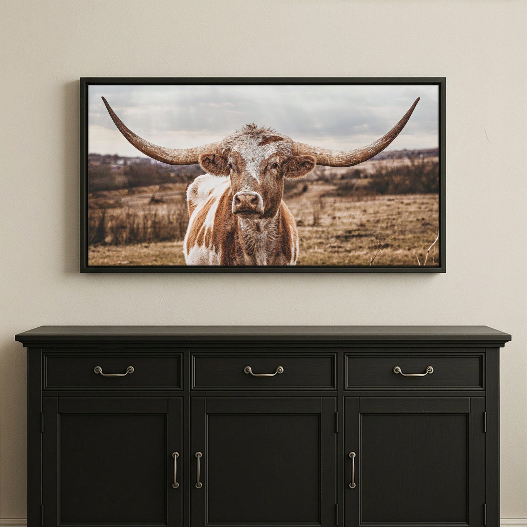 Texas Longhorn Panoramic Artwork - Large Canvas Print Wall Art Teri James Photography