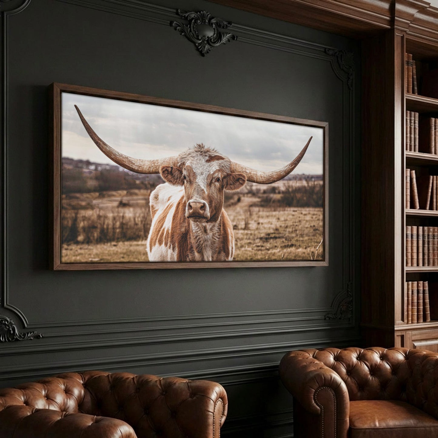 Texas Longhorn Panoramic Large Canvas Print Canvas-Walnut Frame / 10 x 20 Inches