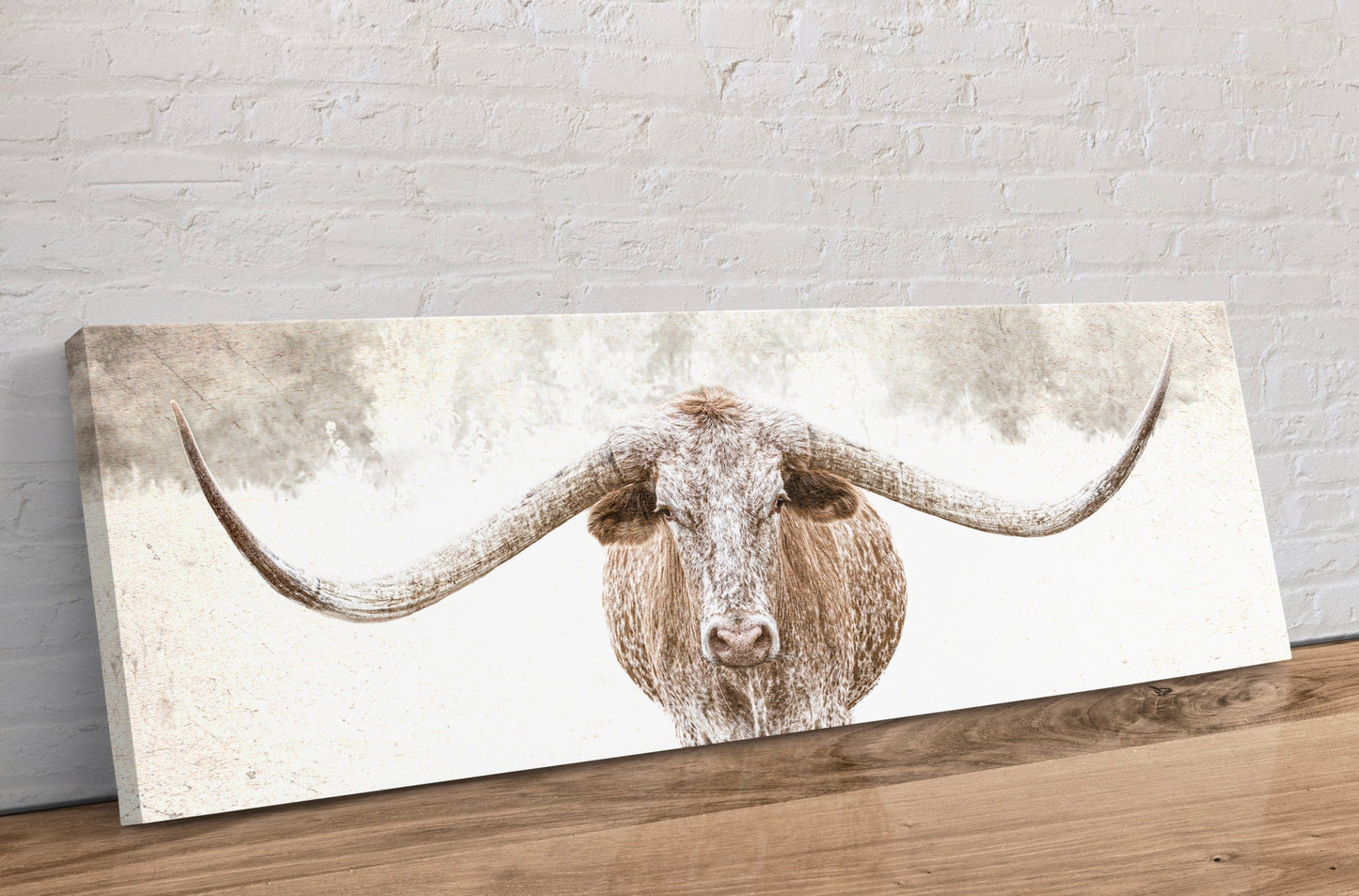 Texas Longhorn Sepia Panoramic Canvas Canvas-Unframed / 12 x 36 Inches Wall Art Teri James Photography