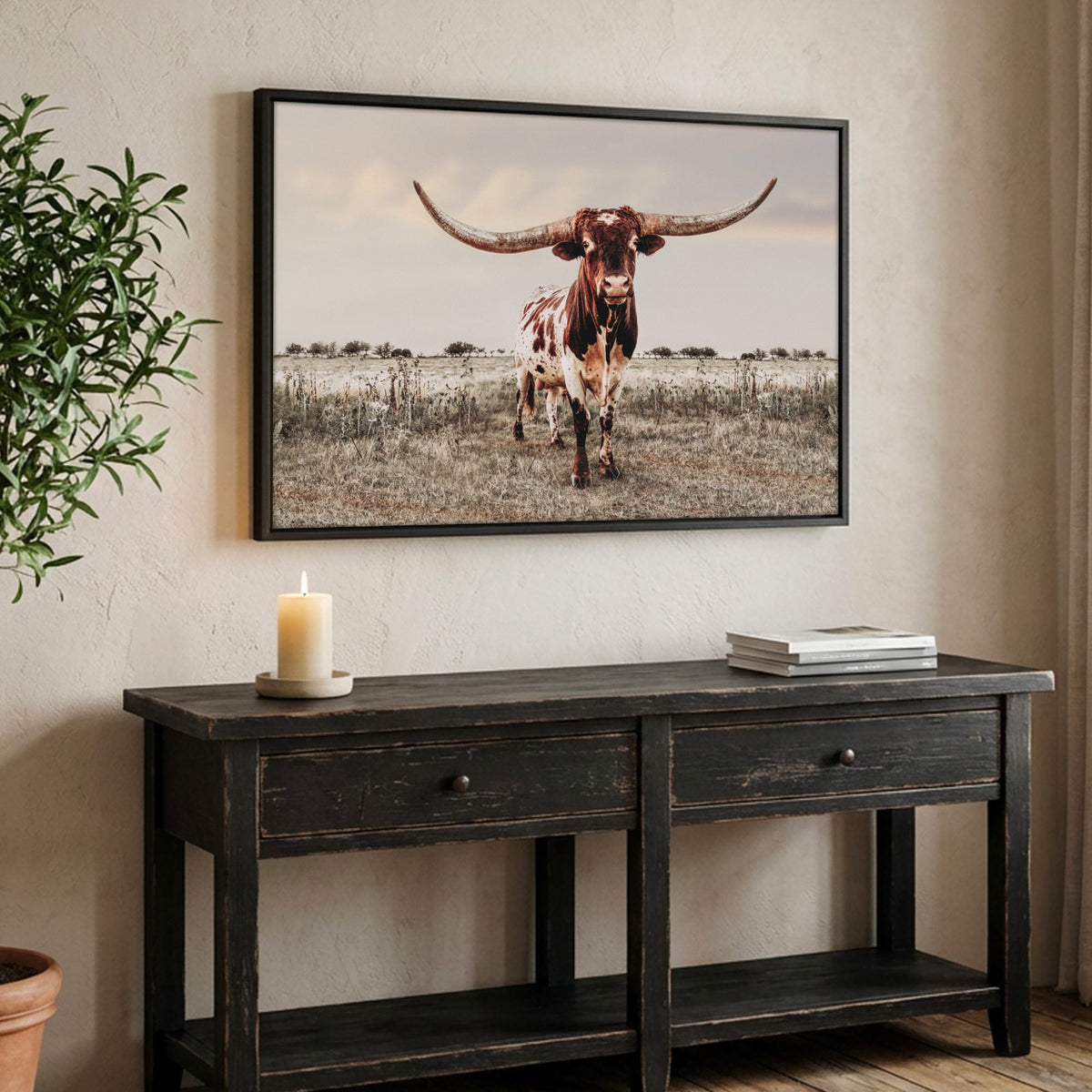 Texas Longhorn Wall Art - Rustic Canvas Bull Print Canvas-Black Frame / 12 x 18 Inches