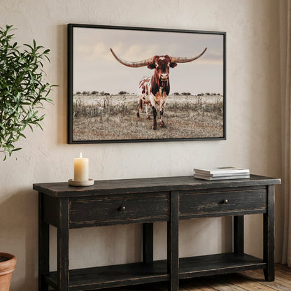 Texas Longhorn Wall Art - Rustic Canvas Bull Print Canvas-Black Frame / 12 x 18 Inches