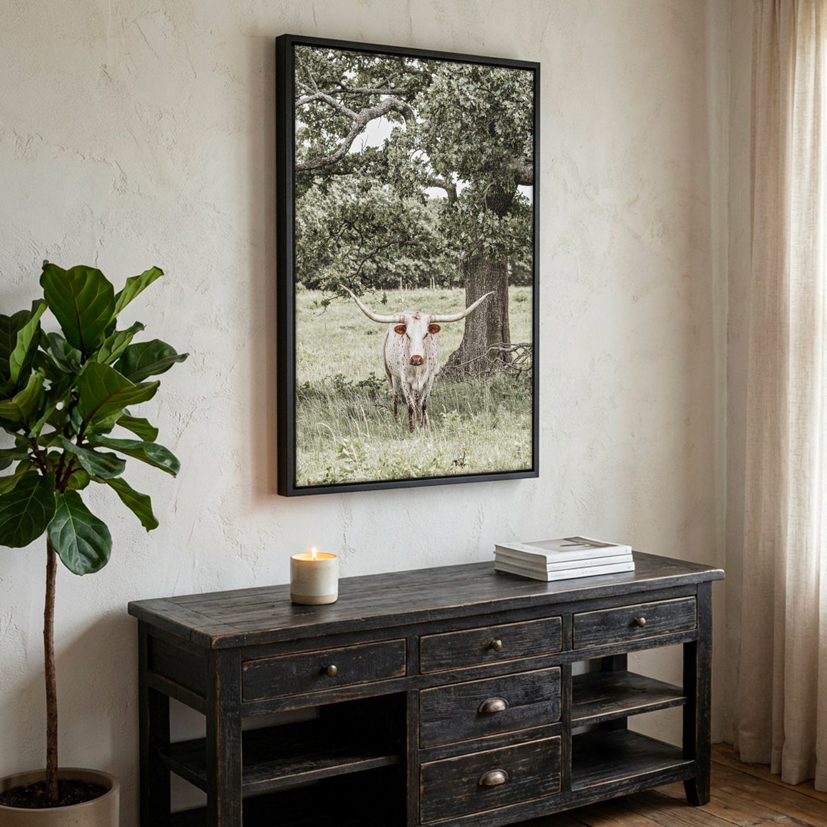Texas Longhorn Wall Art – Vertical Canvas Print Canvas-Black Frame / 12 x 18 Inches