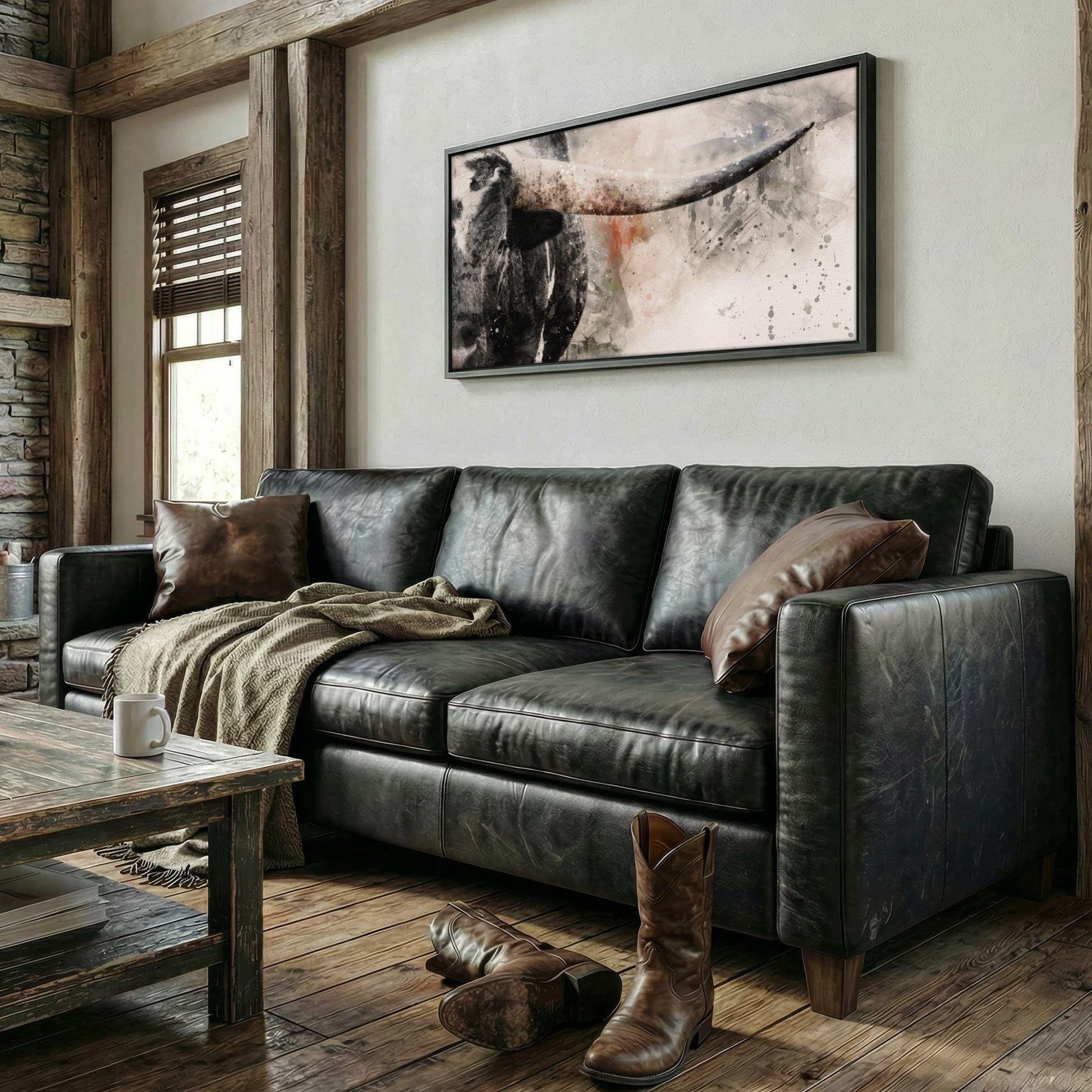 Texas Longhorn Wall Decor - Modern Western Art Panoramic Canvas-Black Frame / 10 x 20 Inches