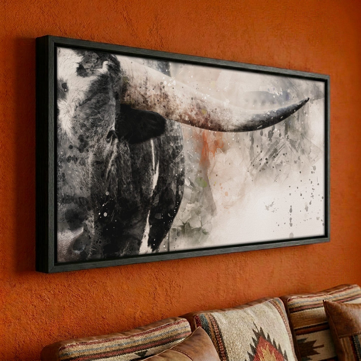 Texas Longhorn Wall Decor - Modern Western Art Panoramic Canvas-Black Frame / 10 x 20 Inches