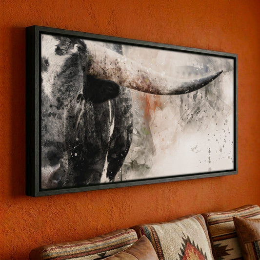 Texas Longhorn Wall Decor - Modern Western Art Panoramic Canvas-Black Frame / 10 x 20 Inches