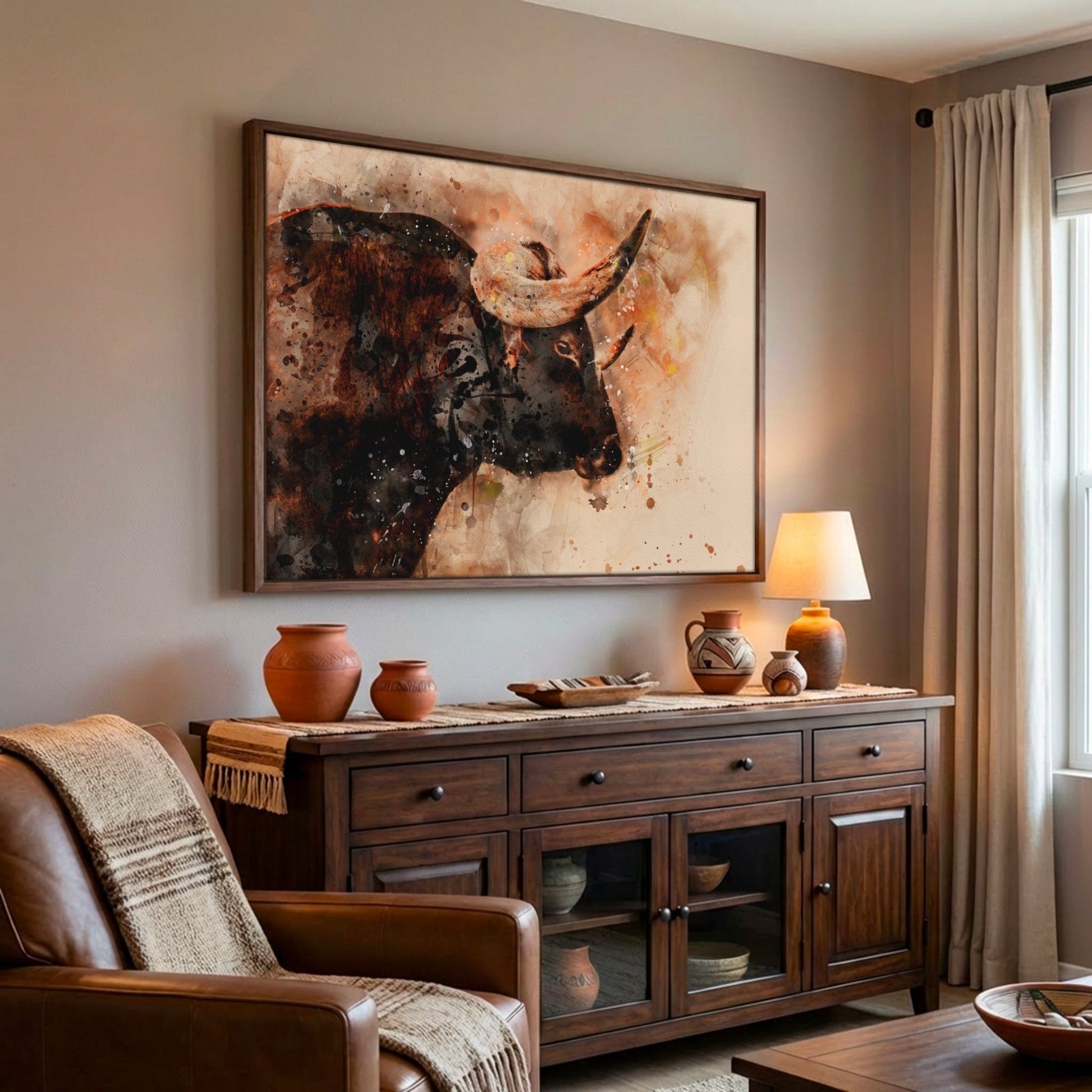 Texas Longhorn Watercolor Art Canvas-Walnut Frame / 12 x 18 Inches