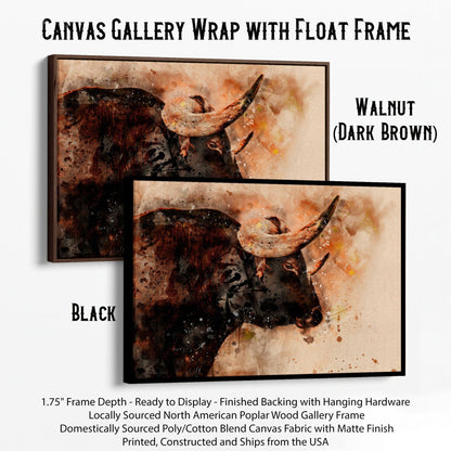 Texas Longhorn Watercolor Art Canvas-Black Frame / 12 x 18 Inches Wall Art Teri James Photography