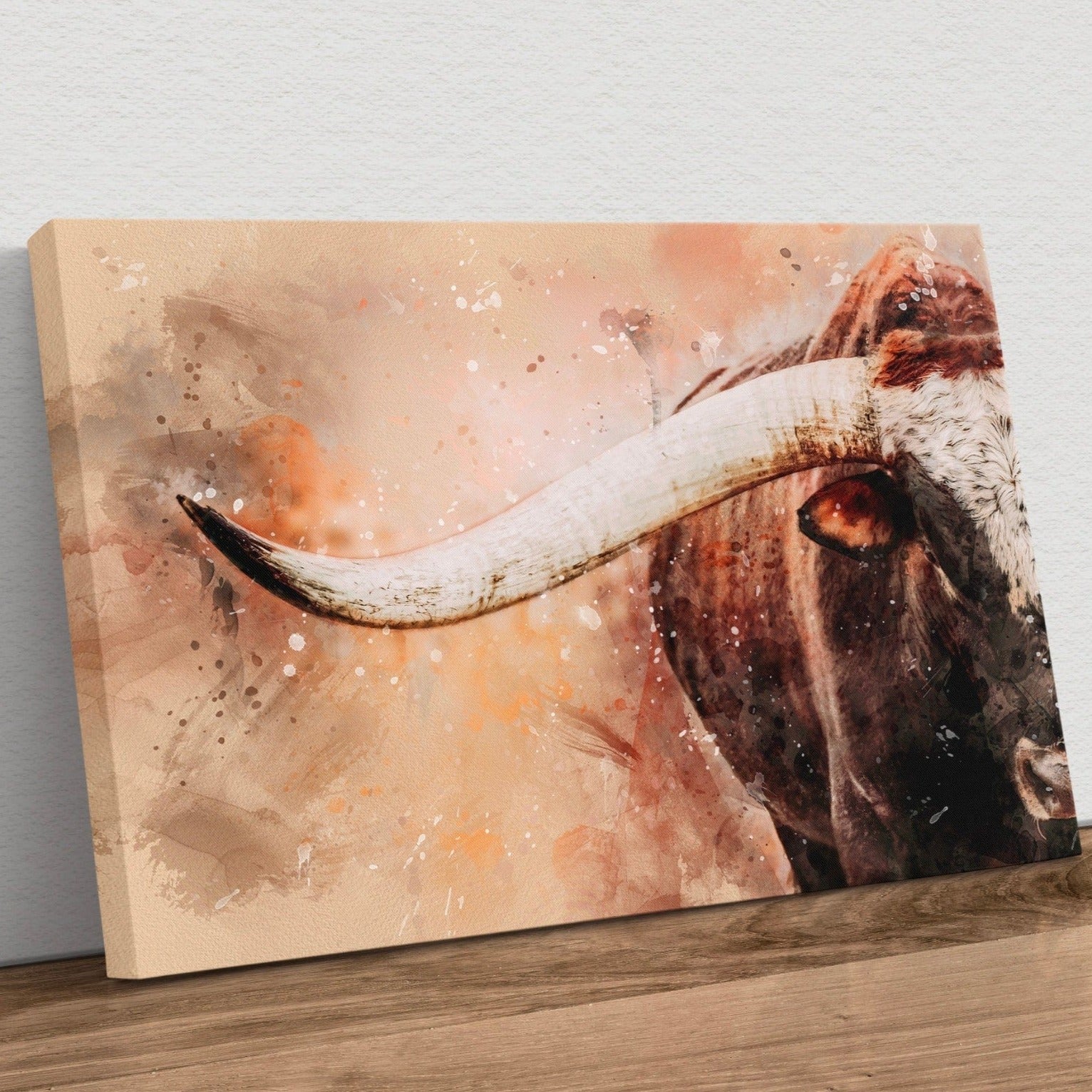 Texas Longhorn Watercolor Painting Canvas-Unframed / 12 x 18 Inches Wall Art Teri James Photography