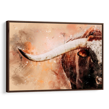 Texas Longhorn Watercolor Painting Canvas-Walnut Frame / 12 x 18 Inches Wall Art Teri James Photography