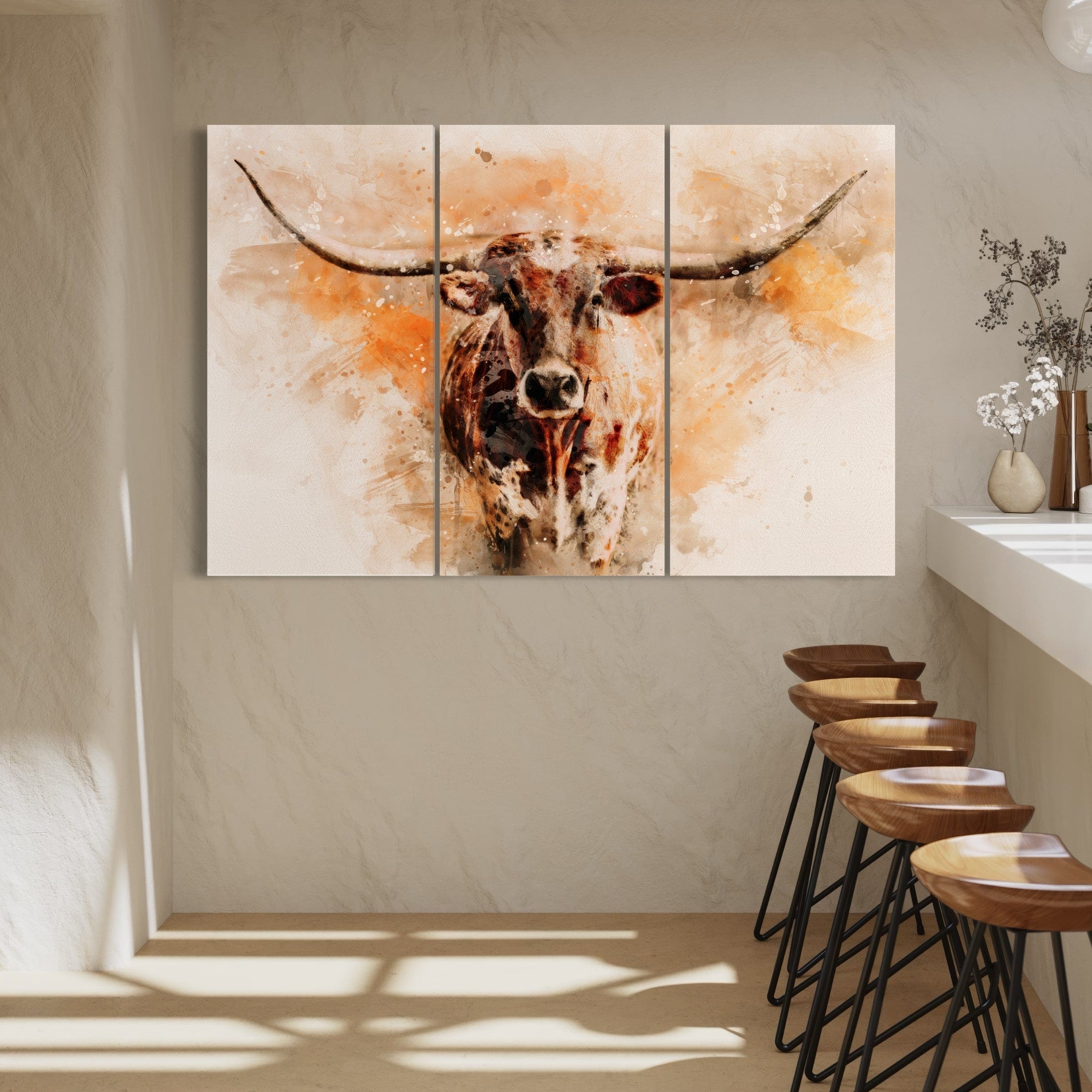 Texas Longhorn Watercolor Triptych for Large Spaces - Teri James