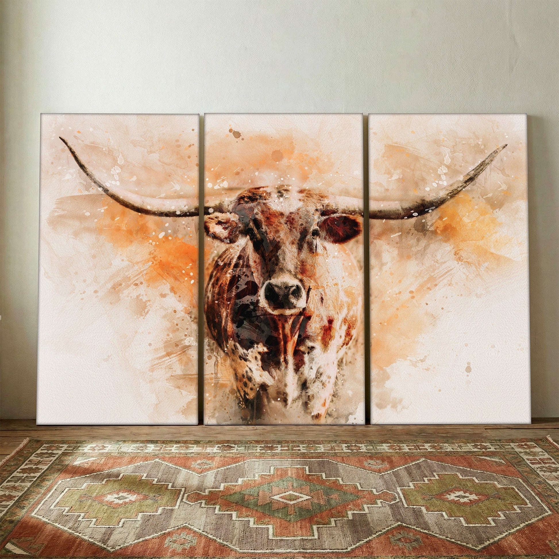 Texas Longhorn Watercolor Triptych 48" x 72" (3 @ 24" x 48") Wall Art Teri James Photography