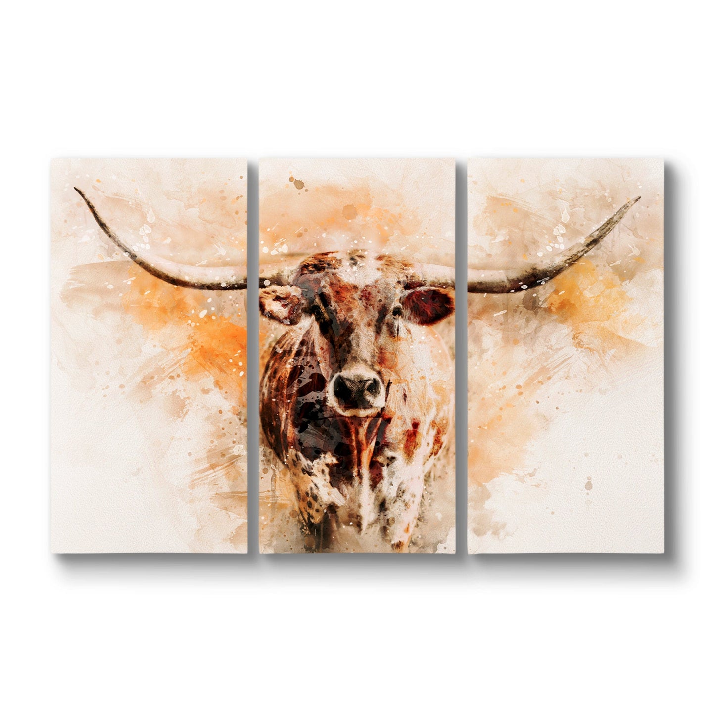 Texas Longhorn Watercolor Triptych 48" x 72" (3 @ 24" x 48") Wall Art Teri James Photography