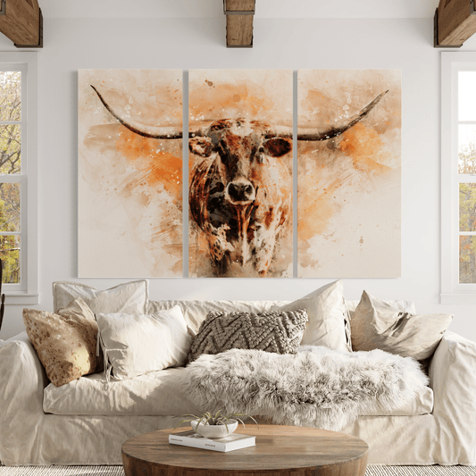 Texas Longhorn Watercolor Triptych Wall Art Teri James Photography
