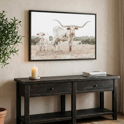 Texas Nursery Wall Art - Longhorn Cow & Calf Canvas-Black Frame / 12 x 18 Inches
