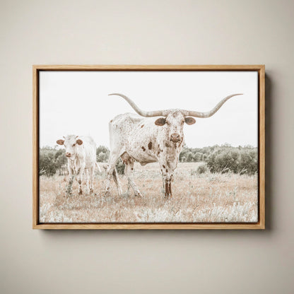 Texas Nursery Wall Art - Longhorn Cow & Calf Canvas-Natural Oak Float Frame / 12 x 18 Inches