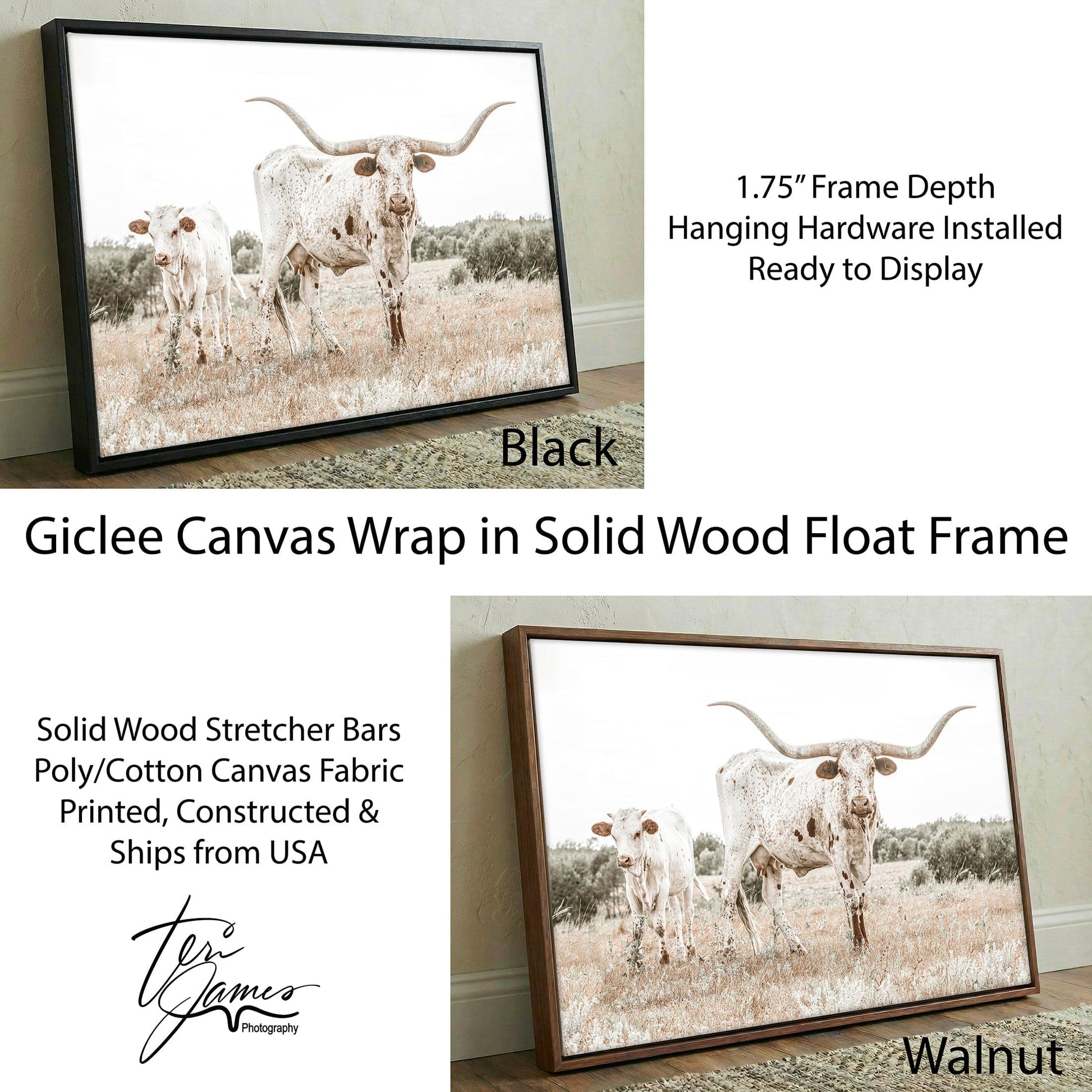 Texas Nursery Wall Art - Longhorn Cow & Calf Canvas-Black Frame / 12 x 18 Inches Wall Art Teri James Photography