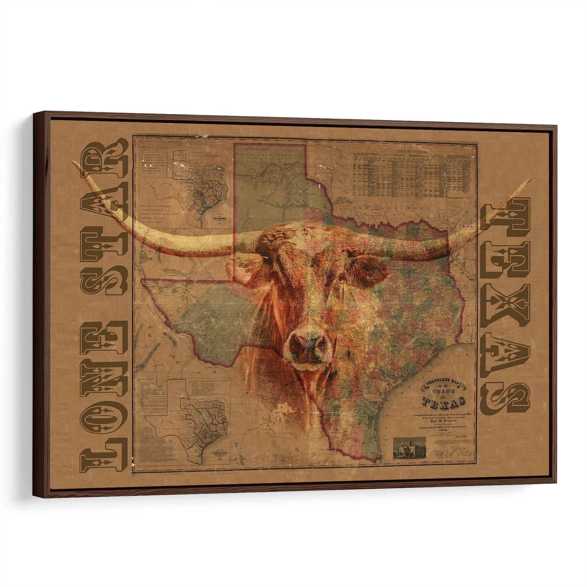 Texas Wall Art Map & Longhorn Canvas-Walnut Frame / 12 x 18 Inches Wall Art Teri James Photography