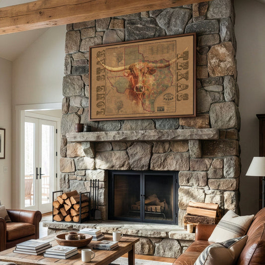 Texas Wall Art – Vintage Texas Map Print - Longhorn Canvas Art Decor Wall Art Teri James Photography