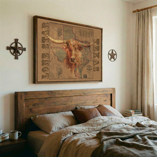 Texas Wall Art – Vintage Texas Map Print - Longhorn Canvas Art Decor Wall Art Teri James Photography