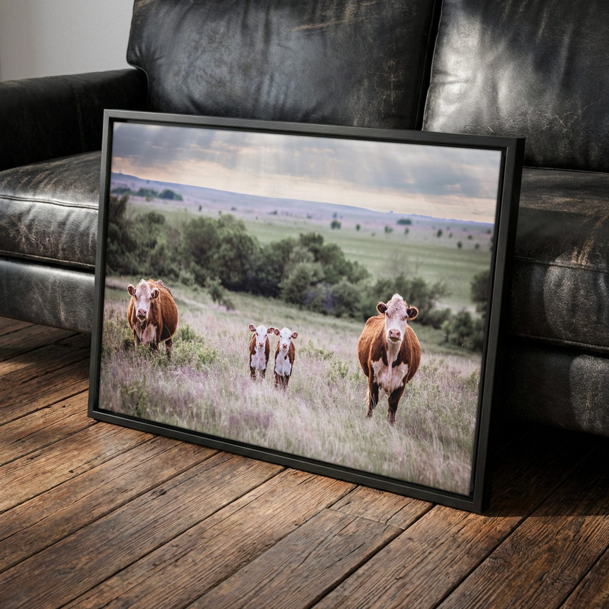 Twin Nursery Decor - Hereford Cattle Canvas-Black Frame / 12 x 18 Inches