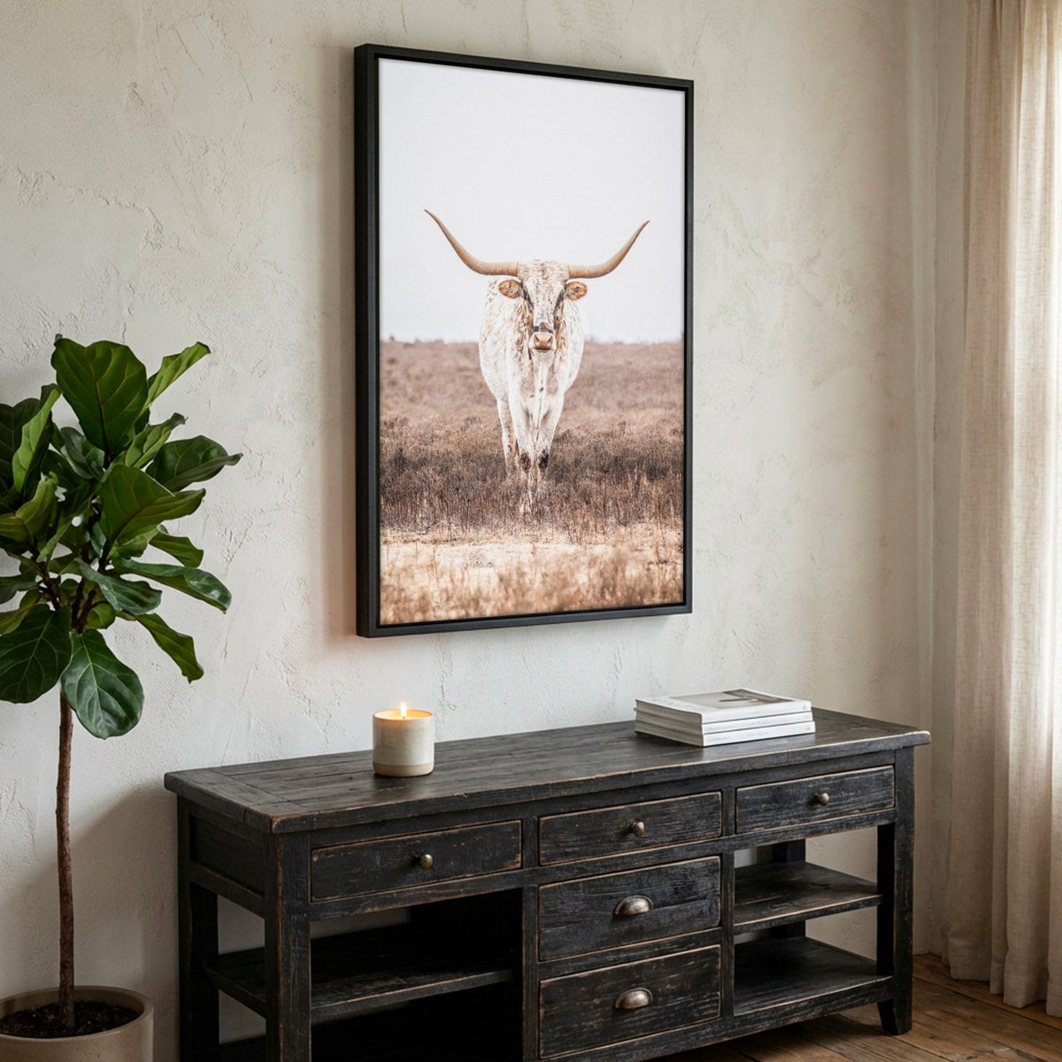Vertical Longhorn Canvas Print in Farmhouse Style Canvas-Black Frame / 12 x 18 Inches