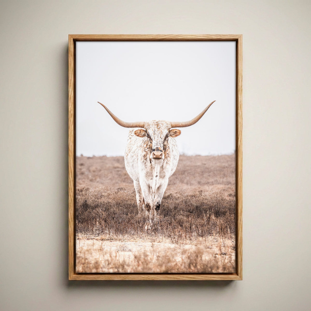 Vertical Longhorn Canvas Print in Farmhouse Style Canvas-Natural Oak Float Frame / 12 x 18 Inches