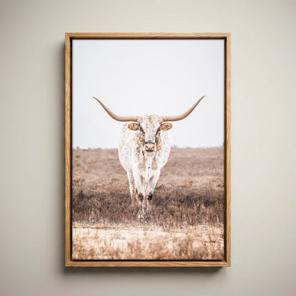 Vertical Longhorn Canvas Print in Farmhouse Style Canvas-Natural Oak Float Frame / 12 x 18 Inches