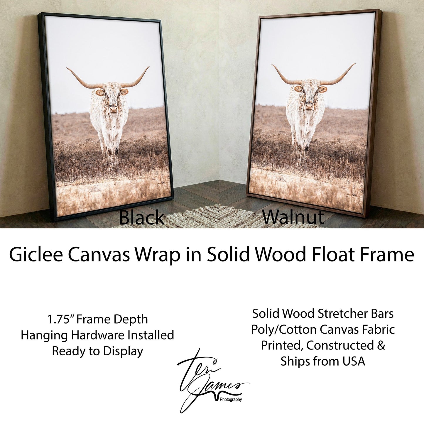 Vertical Longhorn Canvas Print in Farmhouse Style Canvas-Black Frame / 12 x 18 Inches Wall Art Teri James Photography