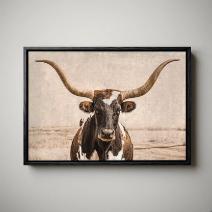 Vintage Texas Longhorn Wall Art - Rustic Western Photography Canvas-Black Float Frame / 12 x 18 Inches