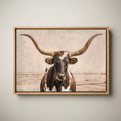 Vintage Texas Longhorn Wall Art - Rustic Western Photography Canvas-Natural Oak Float Frame / 12 x 18 Inches