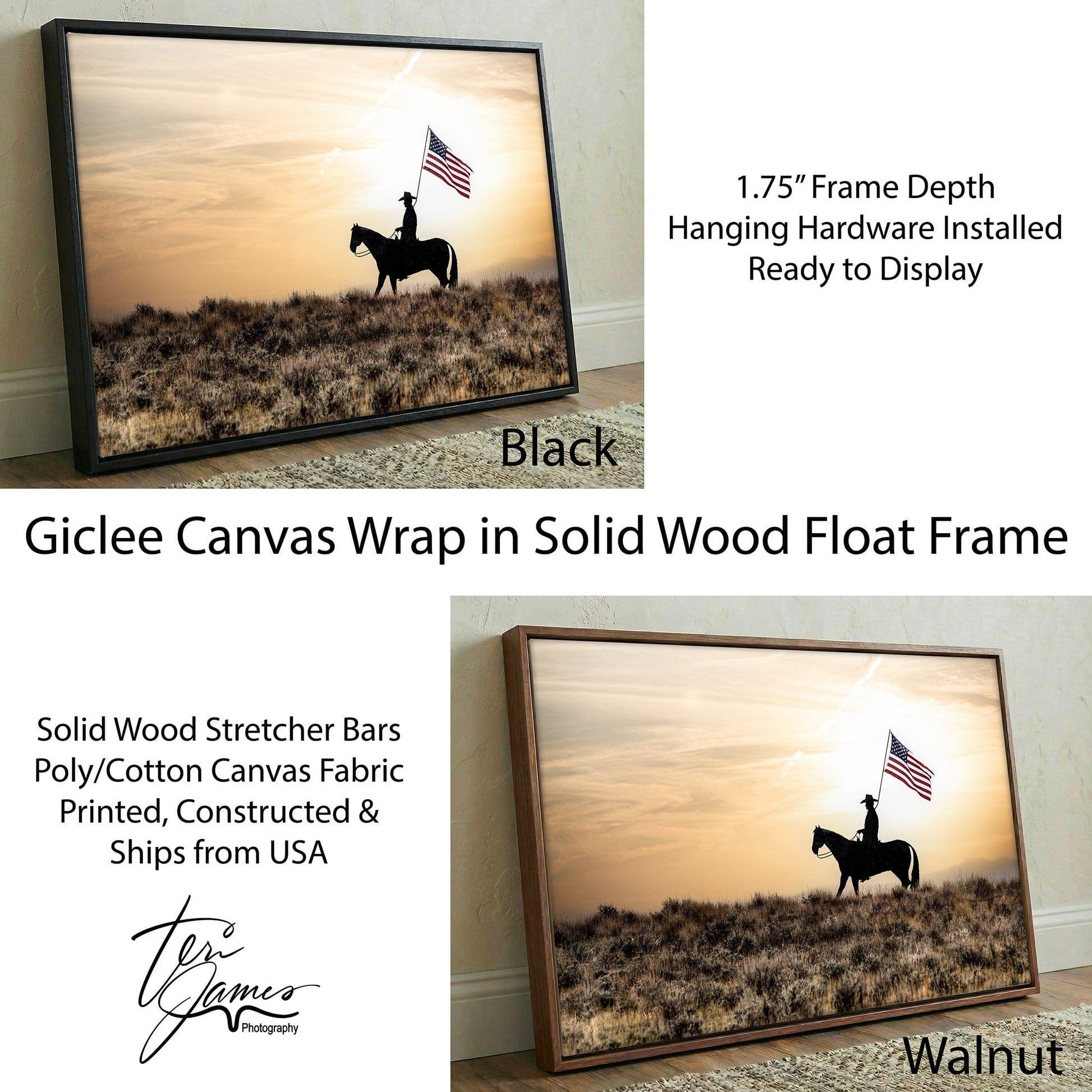 Western American Flag Canvas - Patriotic Wall Art With Cowboy Lifestyle Decor Canvas-Black Frame / 12 x 18 Inches Wall Art Teri James Photography