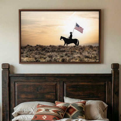 Western American Flag Canvas - Patriotic Wall Art With Cowboy Lifestyle Decor Canvas-Walnut Frame / 12 x 18 Inches Wall Art Teri James Photography