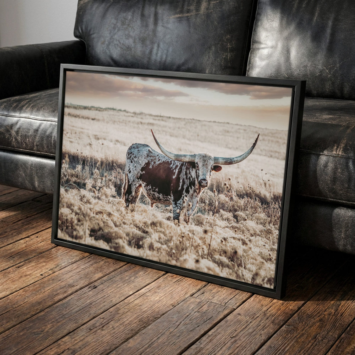Western Art Longhorn Print – Rustic Western Decor Canvas-Black Frame / 12 x 18 Inches