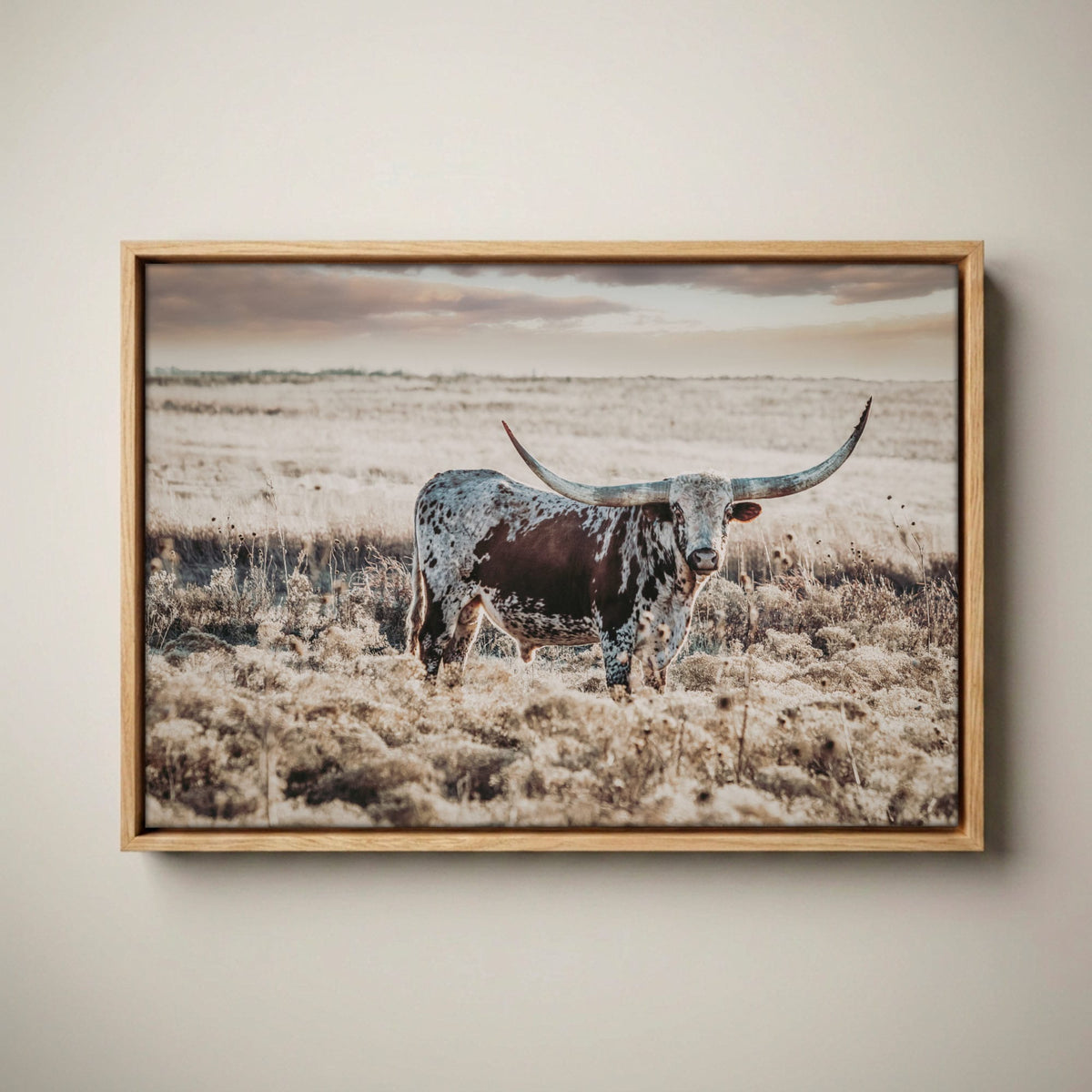 Western Art Longhorn Print – Rustic Western Decor Canvas-Natural Oak Float Frame / 12 x 18 Inches