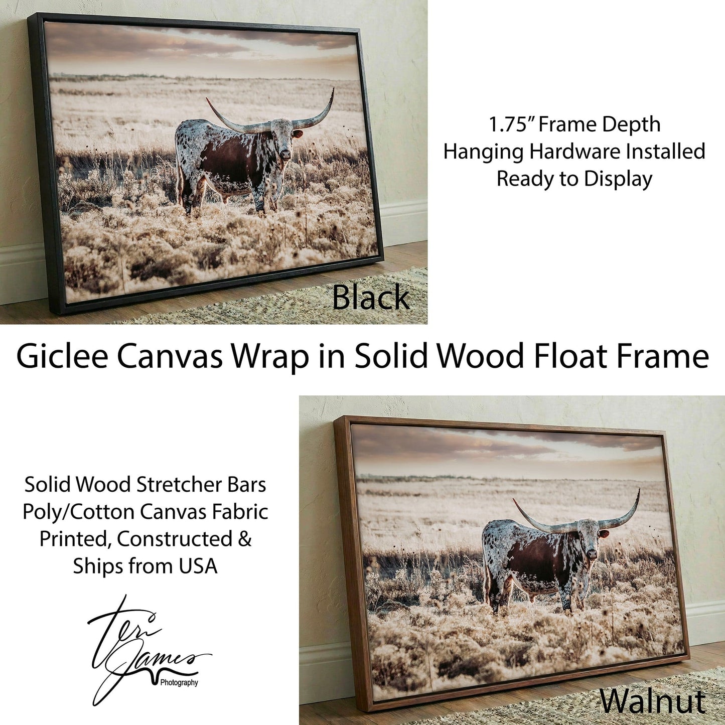 Western Art Longhorn Print – Rustic Western Decor With Prairie Sunset Canvas-Black Frame / 12 x 18 Inches Wall Art Teri James Photography
