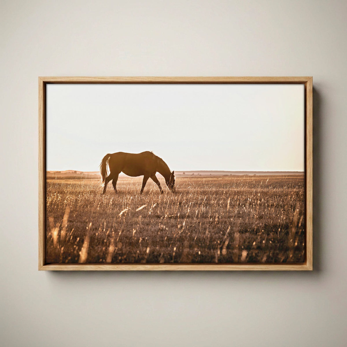 Western Bedroom Decor - Rustic Horse Wall Art Canvas-Natural Oak Float Frame / 12 x 18 Inches