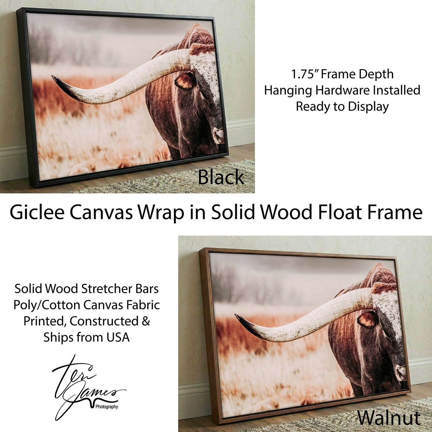 Western Canvas Wall Art Featuring Longhorn Bull Print - Rustic Cowboy Decor Canvas-Black Frame / 12 x 18 Inches Wall Art Teri James Photography