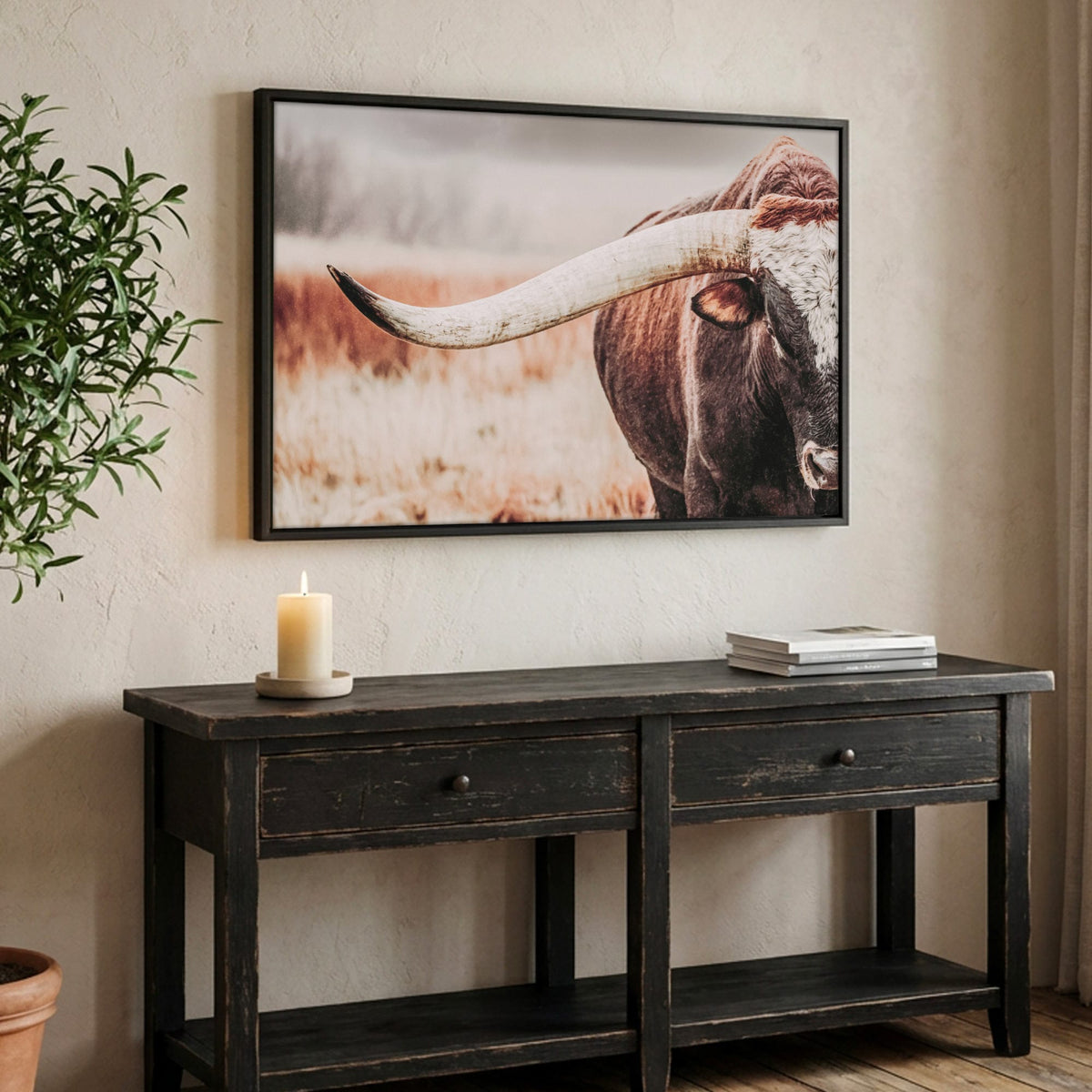 Western Canvas Wall Art Featuring Longhorn Bull Canvas-Black Frame / 12 x 18 Inches