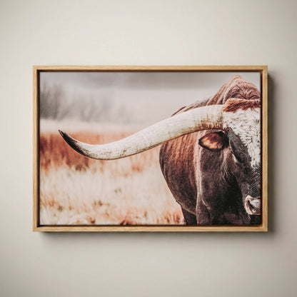 Western Canvas Wall Art Featuring Longhorn Bull Canvas-Natural Oak Float Frame / 12 x 18 Inches