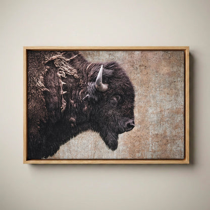 Western Decor Bison Canvas - Rustic Wall Art Buffalo Closeup Canvas-Natural Oak Float Frame / 12 x 18 Inches