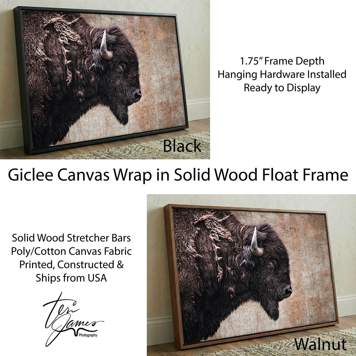 Western Decor Bison Painting - Rustic Wall Art With Buffalo Closeup Canvas-Black Frame / 12 x 18 Inches Wall Art Teri James Photography