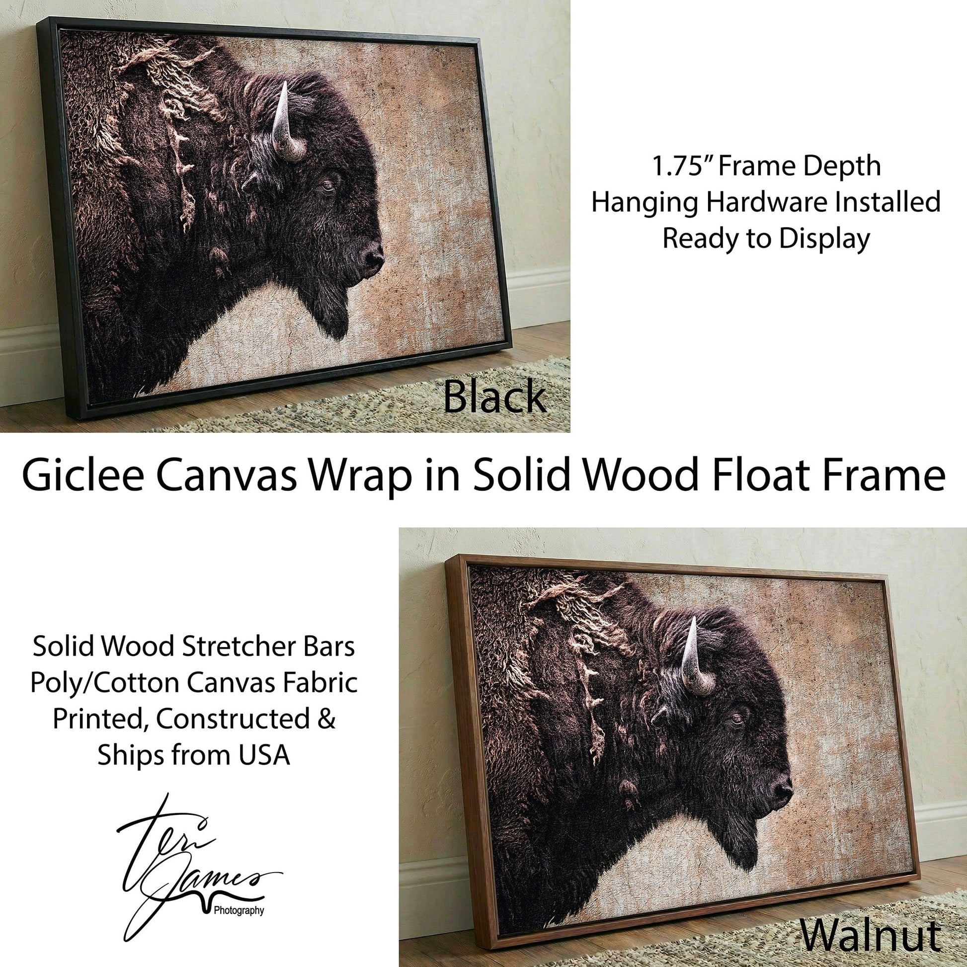 Western Decor Bison Painting - Rustic Wall Art With Buffalo Closeup Canvas-Black Frame / 12 x 18 Inches Wall Art Teri James Photography