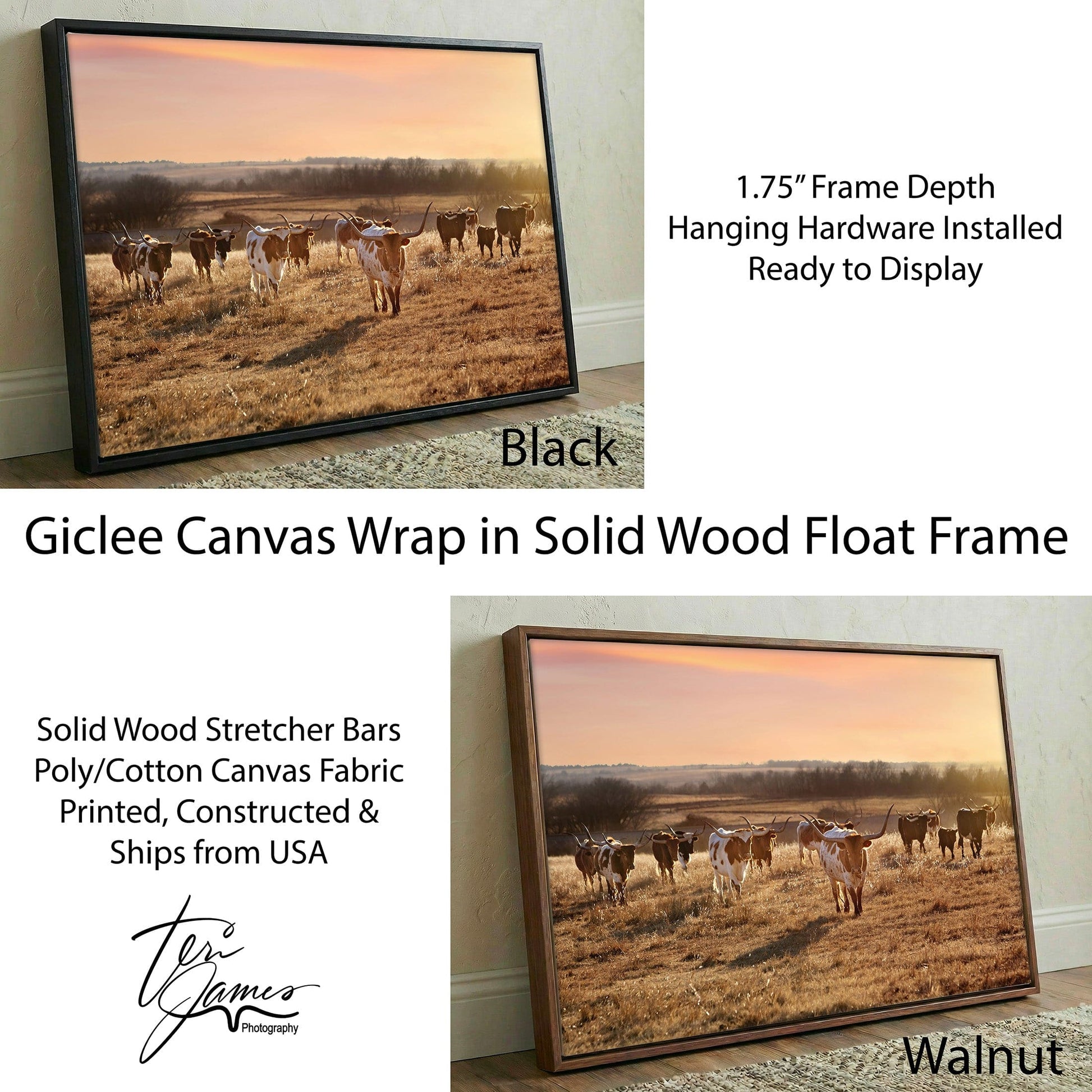 Western Decor Rustic Wall Art – Texas Longhorn Cattle Artwork with Sunset Canvas-Black Frame / 12 x 18 Inches Wall Art Teri James Photography