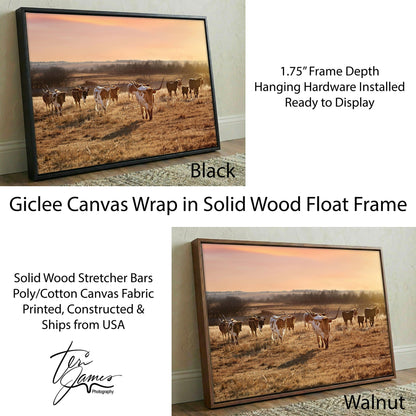 Western Decor Rustic Wall Art – Texas Longhorn Cattle Artwork with Sunset Canvas-Black Frame / 12 x 18 Inches Wall Art Teri James Photography