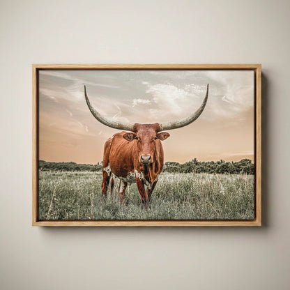 Western Decor Texas Longhorn Canvas in Southwest Colors Canvas-Natural Oak Float Frame / 12 x 18 Inches